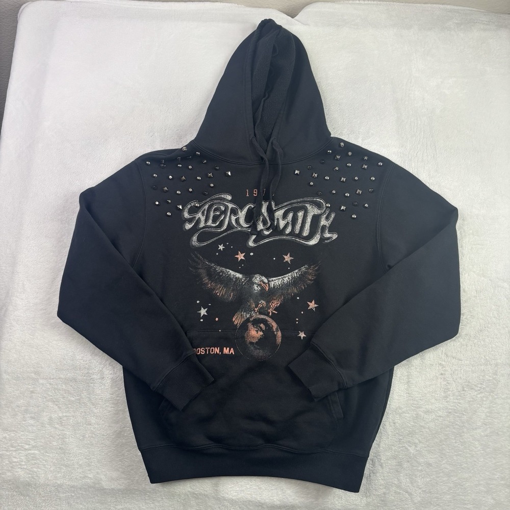 Aerosmith Boston MA Studded Black Pullover Long Sleeve Fleece Hoodie Men's LG